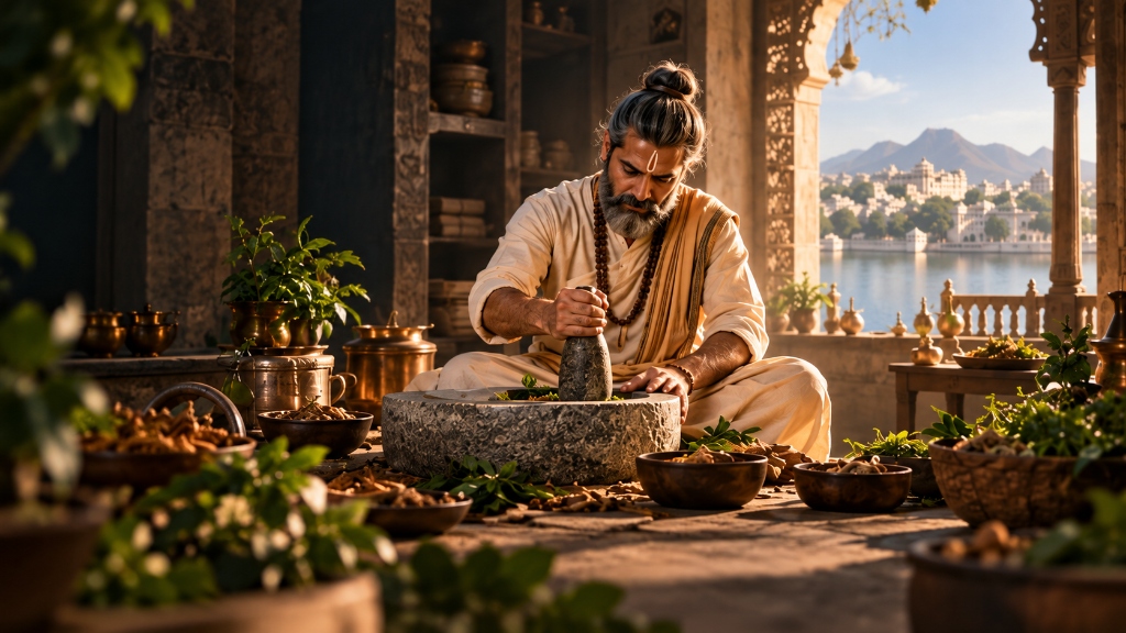 Ayurveda sage grinding herbs